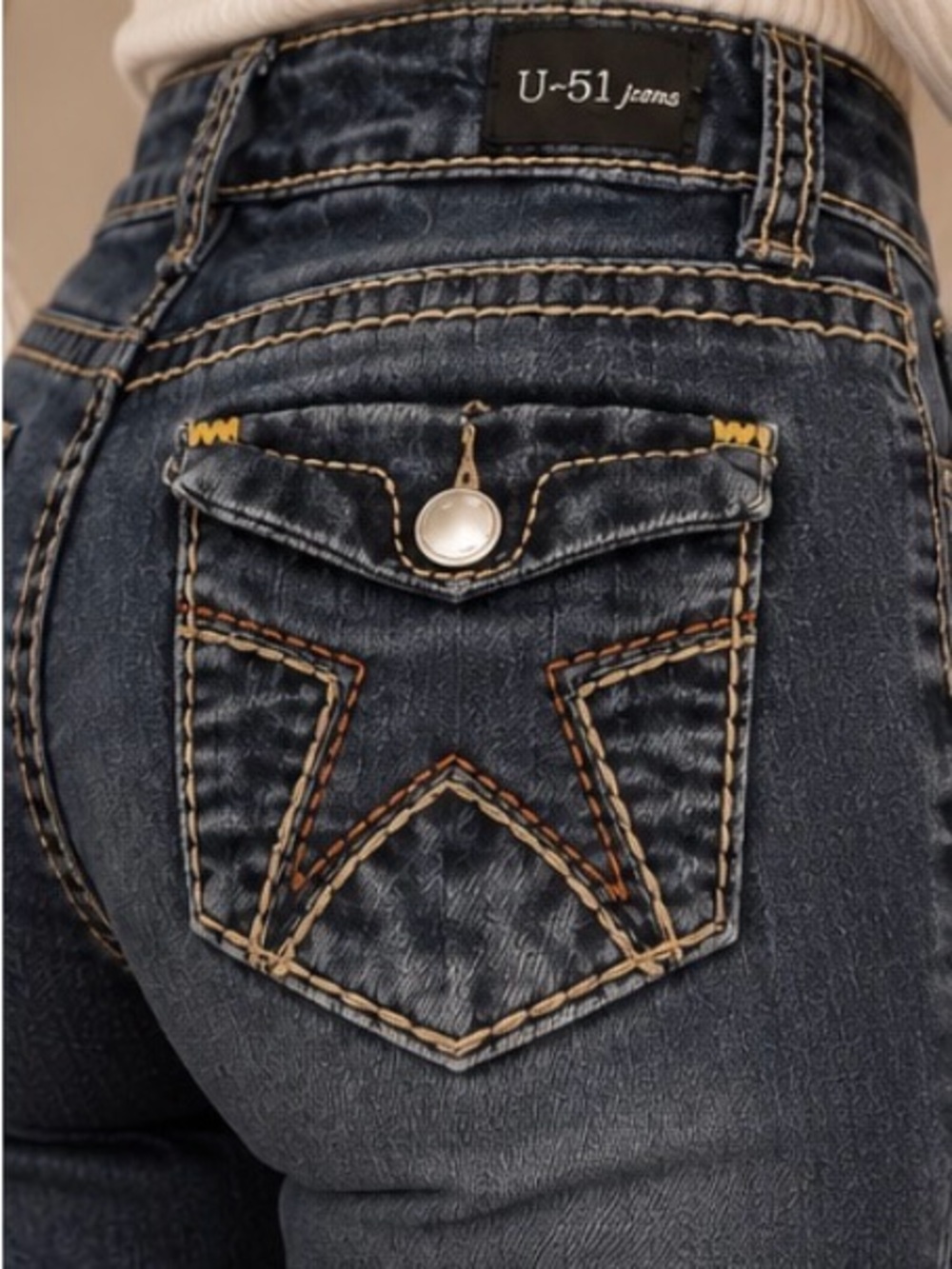 U-51 Y2K Dark Wash Contrast Stitch Bootcut Jeans Western Flap Pocket